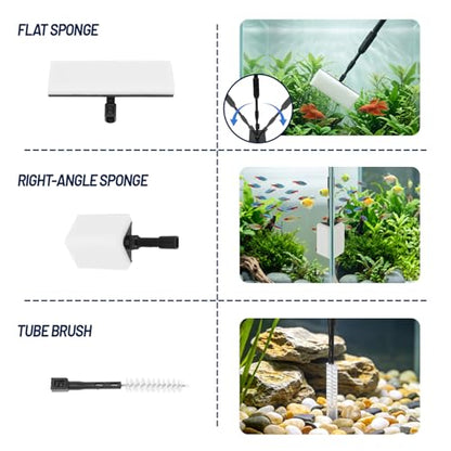 RUKANG Fish Tank Cleaner, 6 in 1 Aquarium Cleaning Tools Kit with 23~34 Inches Adjustable Long Handle Replaceable Blade Silicone Strip Algae Scraper Scrubber Brushes Set