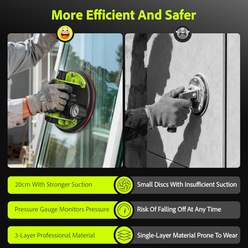 TaskStar Glass Suction Cups to Lift Large Glass: 8" Tile Suction Cup Tool with Pressure Gauge, 450 LBS Max Load, Heavy Duty Vacuum Lifter for Contractor/Tiler/Stone Installer/DIYer - color: Green