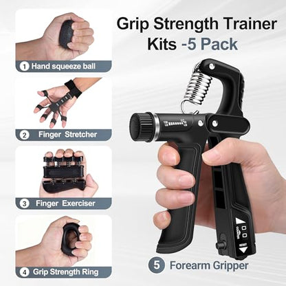Grip Strength Trainer Kits (5 Pack), Forearm Strengthener with Adjustable Resistance, Grip Strength Tester, Finger Strengthener, Hand Gripper Strengthener for Muscle Building Injury Recover