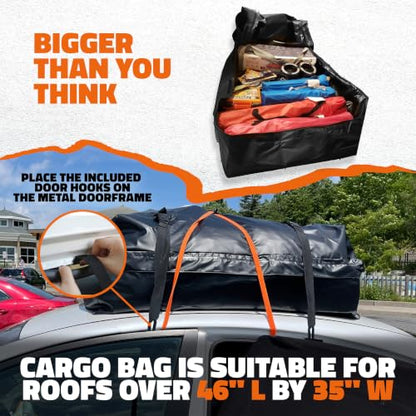Mockins 16 Cu Ft Weatherproof No Rack Rooftop Cargo Carrier Bag 45"x34"x18" | Rooftop Cargo Bag for Top of Car | Car Topper Luggage Carrier Waterproof Set w/ Accessories | Vehicle Soft-Shell Carriers - size: Bag: 45"x34"x18"