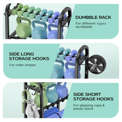 3 Tier Dumbbell Rack - Weight Rack for Home Gym: Stand Only | Heavy Duty Adjustable Storage Rack with Hooks, Dumbbell Stand & Weight Holder, Organizer Shelf for Home Gym - size: 18.5''Length