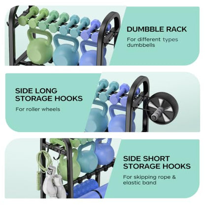 3 Tier Dumbbell Rack - Weight Rack for Home Gym: Stand Only | Heavy Duty Adjustable Storage Rack with Hooks, Dumbbell Stand & Weight Holder, Organizer Shelf for Home Gym - size: 18.5''Length