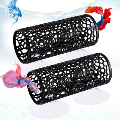 2pcs Betta Fish Tunnels, Black Aquarium Hammock Hideout Cave with 4 Suction Cups Safe Small Hole Hollow Design for Small Fish Shrimp Guppies Betta Tank Accessories & Decor