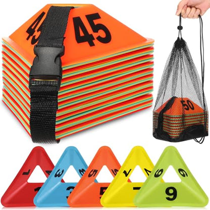 Liliful 50 Pack 1-50 Numbered Sports Cones Bulk, Triangular Soccer Cones for Training Agility Drills with Storage Mesh Bag for Football Practice Coaching Marker Equipment Basketball
