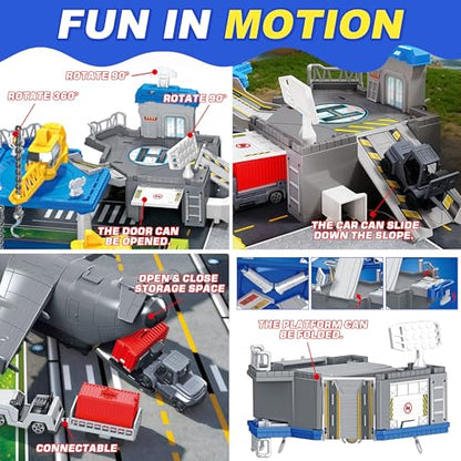 Cargo Ship Toy & Airplane Toy, Toy Boat and Gantry Crane Playset with Play Mat, Transport Containers, Push and Go Vehicle Cars, Kids Play Boats for Boys Girls
