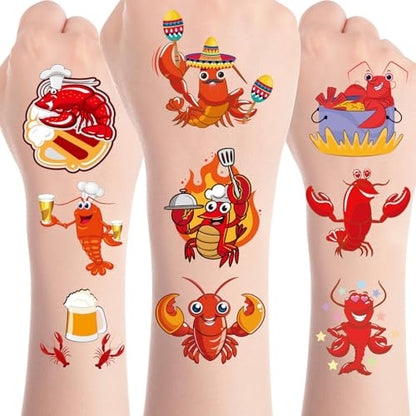 8 Sheets 200+ Crawfish Boil Temporary Tattoos Summer Seafood Lobster Crayfish Shrimp Tattoos Stickers Support Crayfish Boil Theme Birthday Party Favors Gifts Rewards Supplies - color: Crawfish Boil