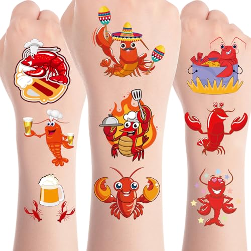 8 Sheets 200+ Crawfish Boil Temporary Tattoos Summer Seafood Lobster Crayfish Shrimp Tattoos Stickers Support Crayfish Boil Theme Birthday Party Favors Gifts Rewards Supplies - color: Crawfish Boil