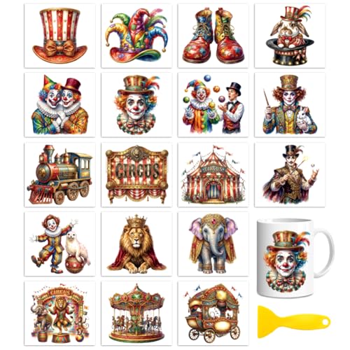 Peacoblue 18 Sheets Rub on Transfers for Crafts, Vintage Circus with Clown 3.6"x3.9" UV DTF Cup Wraps Waterproof Cold Transfers Stickers for Wood Glass Metal Cup Tumblers Mirrors Mugs Home Decor - style: Vintage Circus with Clown