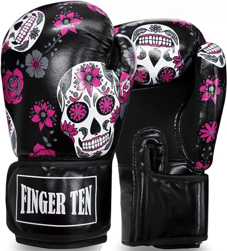 FINGER TEN Stylish Pattern Boxing Gloves Women 8-16 oz - color: Black Printed, size: 10 oz
