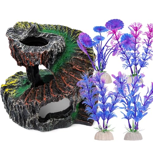 Aquarium Fish Tank Decorations, Montain Ornaments Accessories Decor for Small Aquarium, Spiral Staircase x 1pc, Aquatic Plants x 4pcs