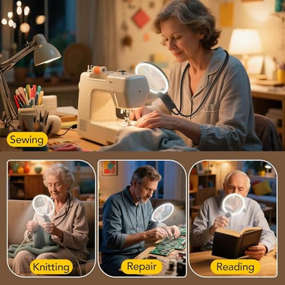 2500mAh Magnifying Glass with Light, 5X Hands Free Magnifier for Reading, Sewing, Knitting, Cross Stitch & Crafts, Rechargeable Lighted Magnifier for Seniors