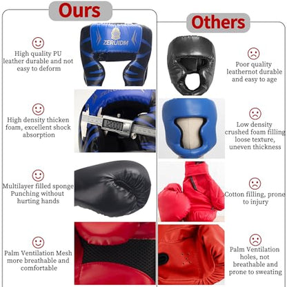 8-Piece Boxing Gloves Set with 2 Headgear and 4 Hand Wraps, PU Leather Black Red Protective Gear for Men, Women, Kids, and Youth MMA Training Sparring - size: Large