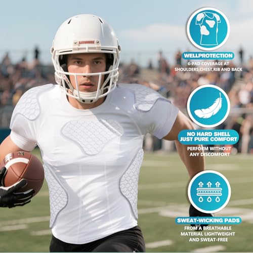 New Football Rib Chest Protector Shirt Padded Compression Shirts 6 Pads Adult Sizes Dark Black - color: White, size: Small