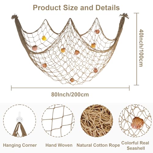 80x40 Inch Decorative Fishing Net w/Shells & Clips, 3mm Brown Natural Cotton Large Photo Hanging Fishnet, Wall Halloween Party Decorations for Nautical Pirate Hawaii Underwater Mermaid Themed Party