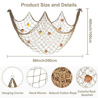 80x40 Inch Decorative Fishing Net w/Shells & Clips, 3mm Brown Natural Cotton Large Photo Hanging Fishnet, Wall Halloween Party Decorations for Nautical Pirate Hawaii Underwater Mermaid Themed Party