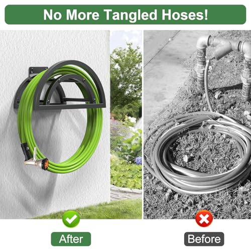 OLV Hose Holder Wall Mount, Outdoor Water Hose Holder Holds 125-ft Hose, Heavy Duty Metal Detachable Hose Hanger Reel Storage Organizer, Hose Rack for Outside Garden Lawn Yard Farm, Black