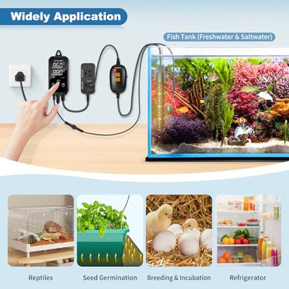 Digital Temperature Controller, Aquarium Heater Reptile Thermostat Heating and Cooling Dual Outlet with Seawater-Resistant Probe for Fish Tanks, Reptile Tanks, Greenhouse & Seedling Mat