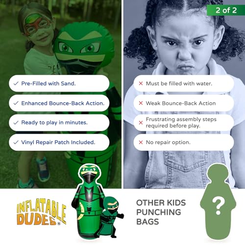 INFLATABLE DUDES Kids Punching Bag- Bop Bag | Sand-Base - color: Green Archer Standard Ninja | Pre-filled with Sand, size: 47"