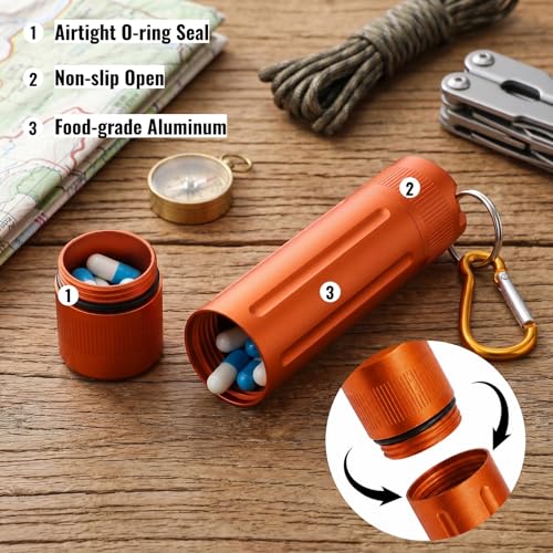 Waterproof Pill Container, Airtight Metal Tube Storage with Dual-Opening Lids, Hooks, Aluminium Smell Proof Keychain Spice Bottle Portable Case for Camp, Travel, Outdoor