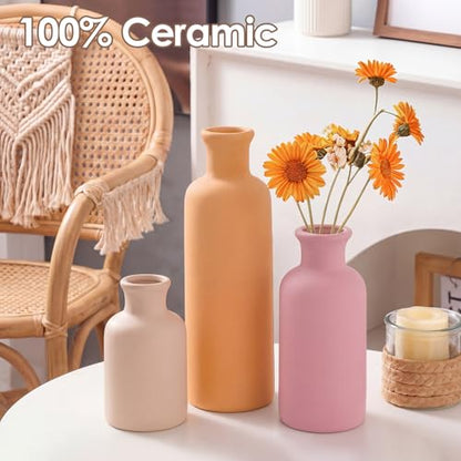 Modern Ceramic Vase Set of 3 Pink Orange Boho Vases for Home Farmhouse Rustic Decorative Bottles for Living Room Bedroom Shelf Table Bookshelf Entryway Decoration Housewarming Gift