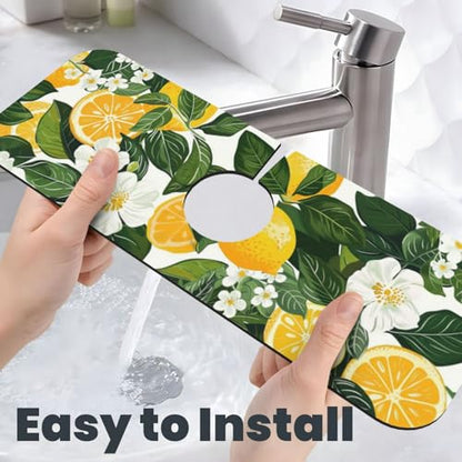 Faucet Draining Mat For Kitchen Sink, Yellow Lemons Green Leaves Diatom Mud Absorbent Drain Pad For Bathroom Kitchen Sink Splash Guard Drying Mat - color: Yellow Lemons Green Leaves