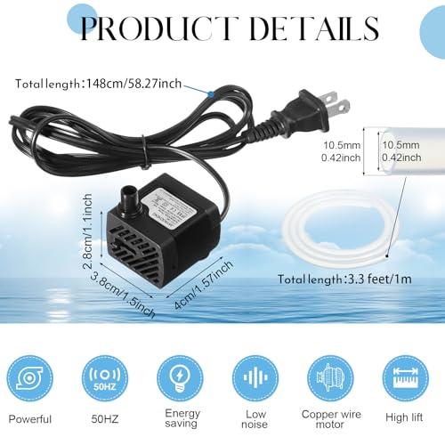 12 Set Mini Fountain Pump 50 GPH 3W Small Submersible Water Pump with 3.3 ft Tube Electric Quiet Aquarium aspirator for Fish Tank, Pond, Pool, Aquariums, Pet Fountain Hydroponics