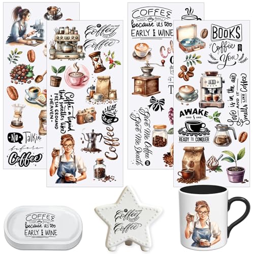 4 PCS Coffee Quotes UV DTF Cup Wraps, Waterproof Transfer Stickers for Tumblers and Mugs, Durable Rub-on Decals for Smooth and Flat Surfaces - style: coffee quotes
