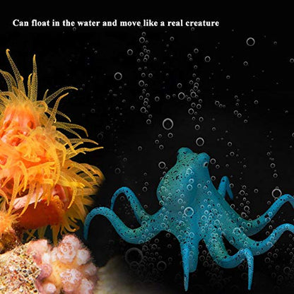 Aquarium Octopus Decoration, Fish Fluorescent Octopus Ornament Artificial Silicone Simulation Octopus with Suction Cup Blue