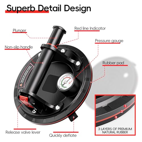 SPECILITE 8" Heavy Duty Glass Suction Cups 2 Pack with Pressure Gauge for Lifting Large Tile, Marble, Windows, 880 lbs Load Capacity, Industrial Vacuum Lifter with Handle, Carrying Case, Gloves, Black
