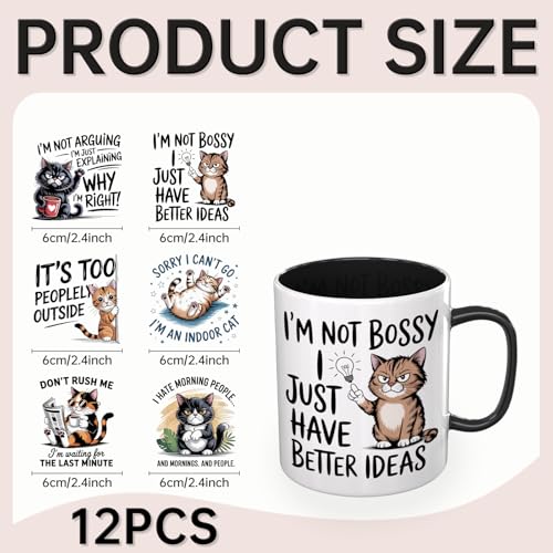 12 PCS UV DTF Cup Wrap Stickers, Funny Cat Sarcastic Quotes Rub on Transfers for Crafts, Permanent DIY Transfer Decals for 16oz Libbey Glass Cans, Mugs, Candles, Easy to Apply Art Stickers - style: Funny Cat Sarcastic Quotes