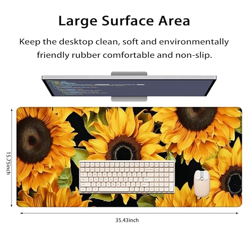 35.4 x 15.7 in, XXL Large Mouse Pad for Desk, Extended Keyboard Mouse Mat for Computer Office, Big Laptop Mouse pad, Gaming pc-Sunflower - color: Sunflower on Black