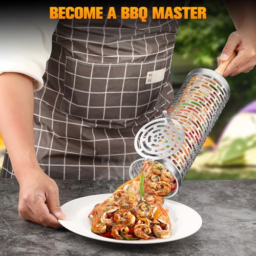 Rolling Grill Baskets,【2025Upgraded】 2Pcs Nesting Grilling Net with Removable Wooden Handle,BBQ Accessories Tools for Vegetables Shrimp,Outdoor Camping Barbecue Rack,Gifts for Men Dad (Stainless Steel,Rectangle)