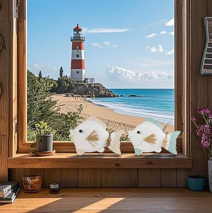 SAILINGSTORY Wooden Fish Decor Coastal Beach Decoration for Home Lake House Decor Set of 2 Pack
