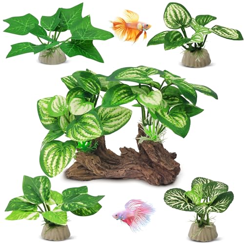 GOZILLA Silk Fish Tank Plants,Reptile Artificial Plant,Reptile Plants for Terrarium,Aquarium Decorations Accessories Set,Resin Driftwood Artificial Silk Aquarium Plant for Fish Tank.(5PCS/B-Set)