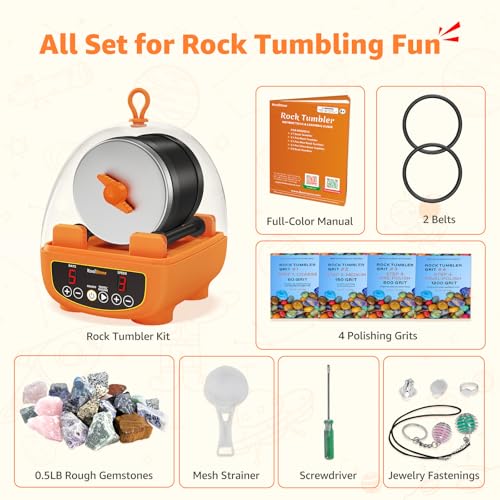 C5 Starter Rock Tumbler Kit - Durable Leak-Proof Rock Polisher - Complete Rock Tumbling Kit with 4-Stage Silicon Carbide Grit - Adjustable Timer & Speed with Memory Function