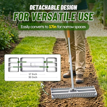 Lawn Leveling Rake, 2-in-1 Double-Sided Landscape Leveler with 20 Marking Flags for Low Spot, 30"×10" Heavy Duty Stainless Steel Flat & Serrated Side for Soil Sand Gravel, Yard Garden Golf Course
