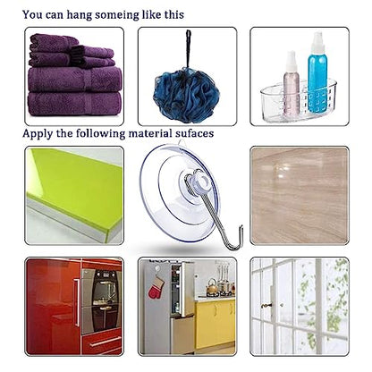 Suction Cup Hooks,6 PCS Clear Suction Cup for Glass Window Decor Shower Bathroom Glass Window Shower Kitchen, Reusable PVC Cups with Removable Stainless Hooks, Assorted (6)