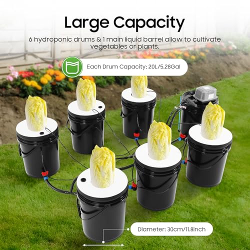 Hydroponics Grow System with Top Drip Kit, 20L/5.28Gal Deep Water Culture, Recirculating Drip Garden Systems with Multi-Purpose Trachea and Air Pump, 6 Hydroponic Tanks