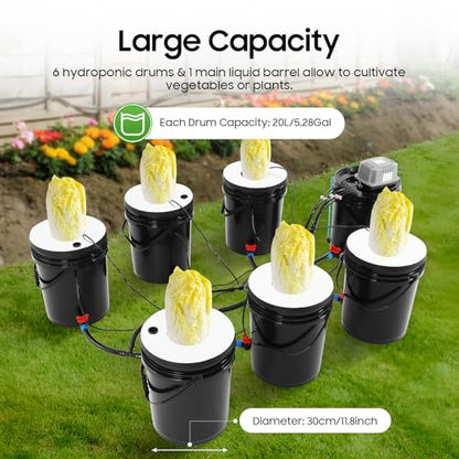 Hydroponics Grow System with Top Drip Kit, 20L/5.28Gal Deep Water Culture, Recirculating Drip Garden Systems with Multi-Purpose Trachea and Air Pump, 6 Hydroponic Tanks