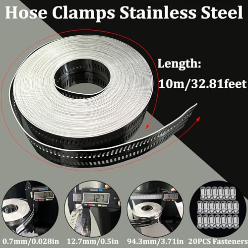 Hose Clamps Stainless Steel, Large Worm Gear Duct Pipe Hose Clamp Assortment Kit, Band Fittings Strap, 32.81FT Adjustable Metal Bolt with 20 Stronger Fasteners Screw for Plumbing Auto Tube Fuel Line