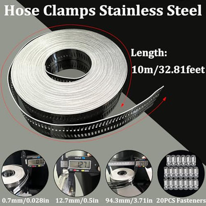 Hose Clamps Stainless Steel, Large Worm Gear Duct Pipe Hose Clamp Assortment Kit, Band Fittings Strap, 32.81FT Adjustable Metal Bolt with 20 Stronger Fasteners Screw for Plumbing Auto Tube Fuel Line