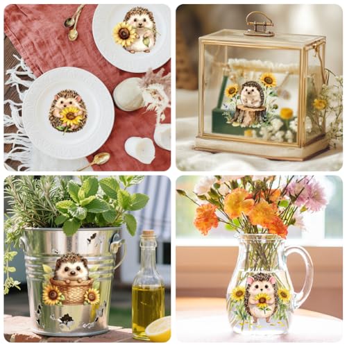 Peacoblue 18 Sheets Rub on Transfers for Crafts, Sunflowers Hedgehog 3.6"x3.9" UV DTF Cup Wraps Waterproof Rub on Cold Transfers Stickers for Wood Glass Metal Cup Tumblers Mirrors Mugs Home Decor - style: Sunflowers Hedgehog