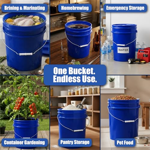 5 Gallon Bucket - Food Grade Bucket, Metal Handle Grip, BPA-Free, Heavy-Duty 90 Mil HDPE Plastic Pail, Stackable Utility Container, Made in USA, Lid Not Included, Blue, 6 Packs - color: Blue, size: 6 Packs