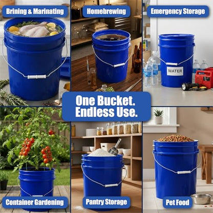 5 Gallon Bucket - Food Grade Bucket, Metal Handle Grip, BPA-Free, Heavy-Duty 90 Mil HDPE Plastic Pail, Stackable Utility Container, Made in USA, Lid Not Included, Blue, 6 Packs - color: Blue, size: 6 Packs