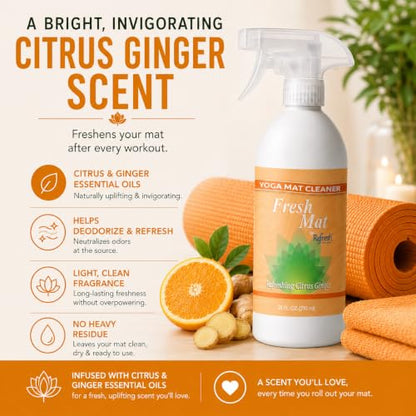 Fresh Mat Yoga Mat Cleaner Spray - Natural Deodorizing Cleaner for Yoga Mats & Fitness Equipment - No-Rinse, Residue-Free Formula with Witch Hazel & Essential Oil, Refreshing Citrus Ginger (12 fl oz). - size: 12 Fl Oz (Pack of 1)