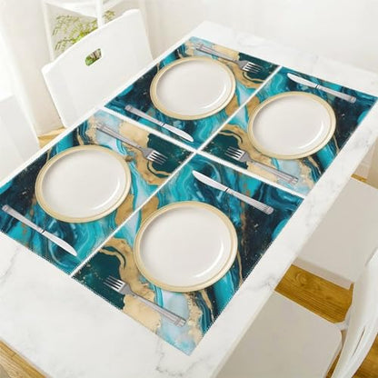 Placemat Set of 4 Washable Place Mats Heat Resistant Turquoise Blue Gold Marble Table Mats for Kitchen Non-Slip Placemats Wipeable Desktop Protection Mat for Dining Table, 30x45cm - color: Turquoise Blue Gold Marble