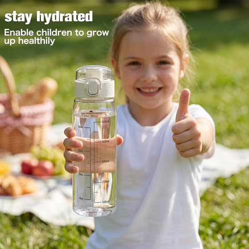 GOPPUS 20oz Kids Water Bottle with Time Marker & Handle, Tritan BPA-Free, Reusable Leakproof Anti-Dust Everyday, Clear Kids Water Bottles For School,Car Travel, Gifts Boys Girls(White) - color: A-clear