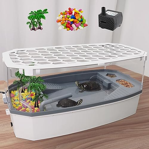 Escape-Proof 6.5 Gallon Turtle Tank Kit with Basking Platform & Filter - Acrylic Aquarium for Juvenile Turtles, Multi-Zone Habitat, Easy Water Change, Full View, White