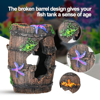 Fish Broken Barrel Decor Fish Tank Decorations Betta Fish Tank Accessories,Starfish Barrel x 1pc, Aquarium Plants x 11pcs - size: 12 Pcs
