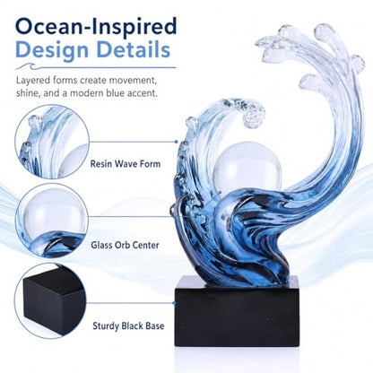 Blue Ocean Wave Statue for Beach House Decor,Resin Modern Abstract Art,For Coastal Nautical Office Surfers Gifts,Coffee Table,Tv Stand,Dining Table Center Decorative Shelf Decor Accent for Men (Blue)